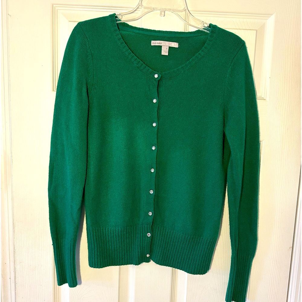Luck of the Irish! Green cardigan with sparkly buttons. Old Navy. Size: Medium